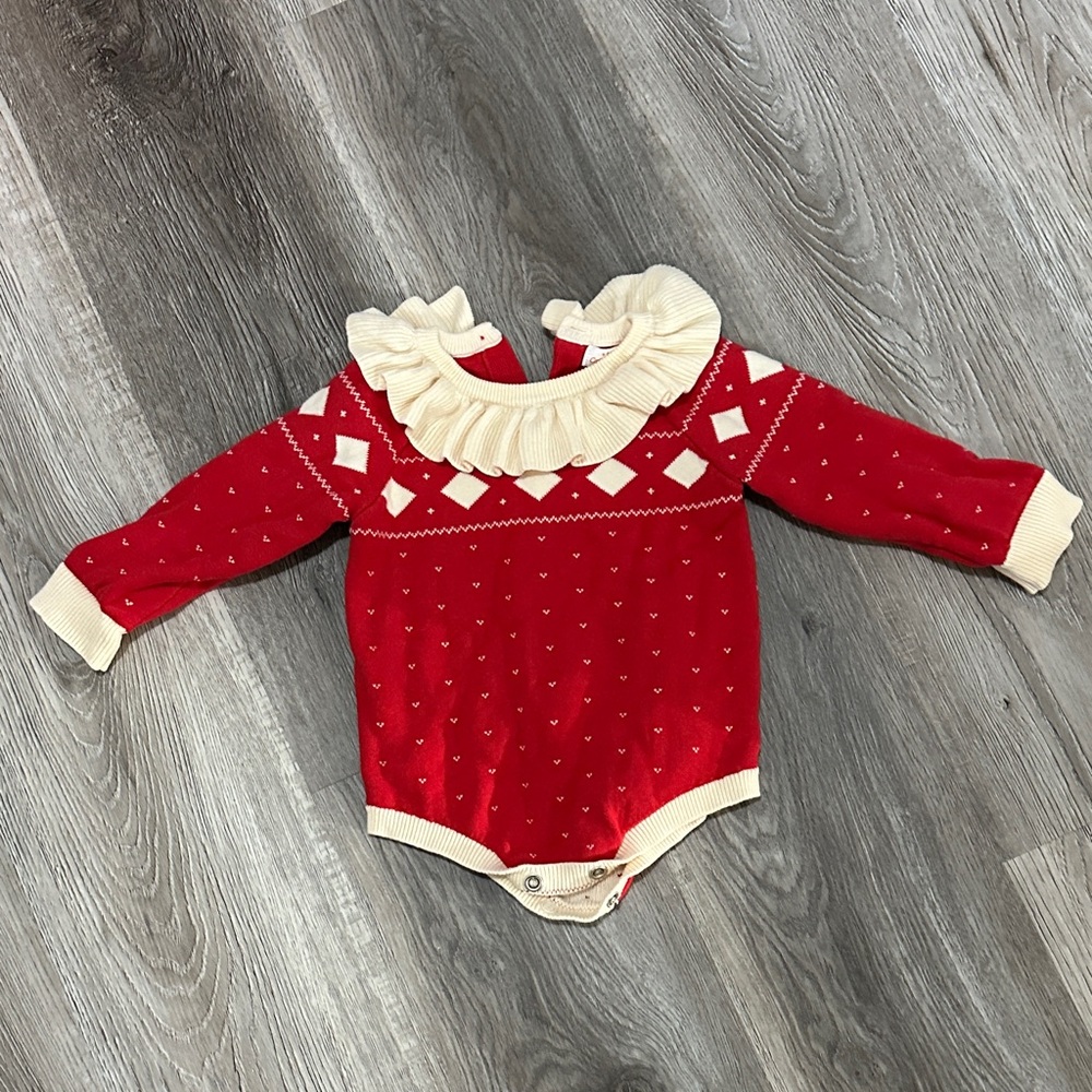 Cat & Jack Red‎ and Cream Bodysuit with Ruffled Collar